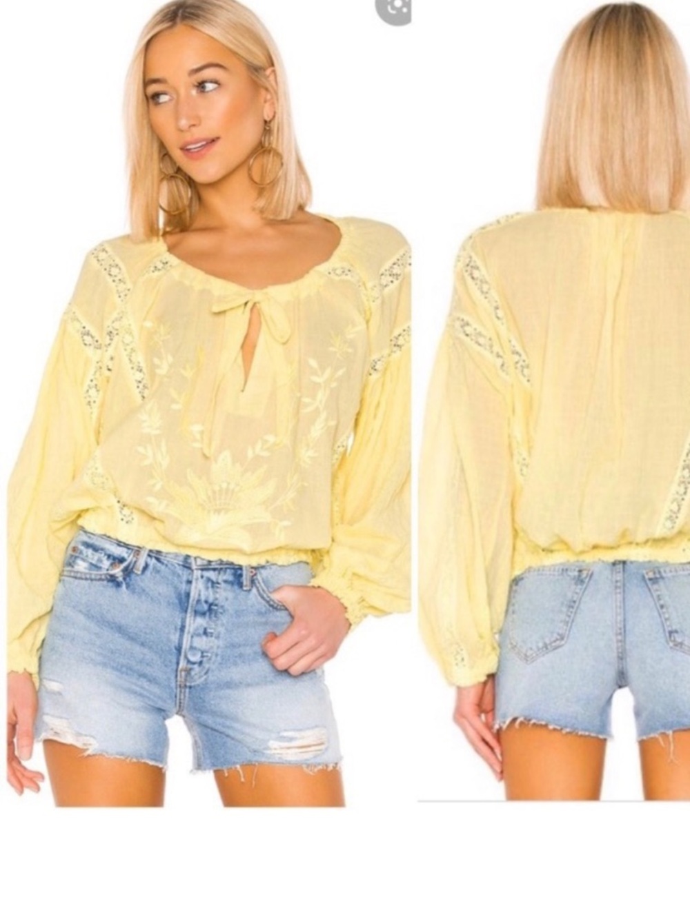 Free People Maria Boho Peasant Blouse Yellow Cottagecore Wheat XS Cotton Lace - Picture 11 of 11
